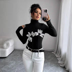 Women's Black Turtleneck Floral Applique Long Sleeved Fitted T-Shirt