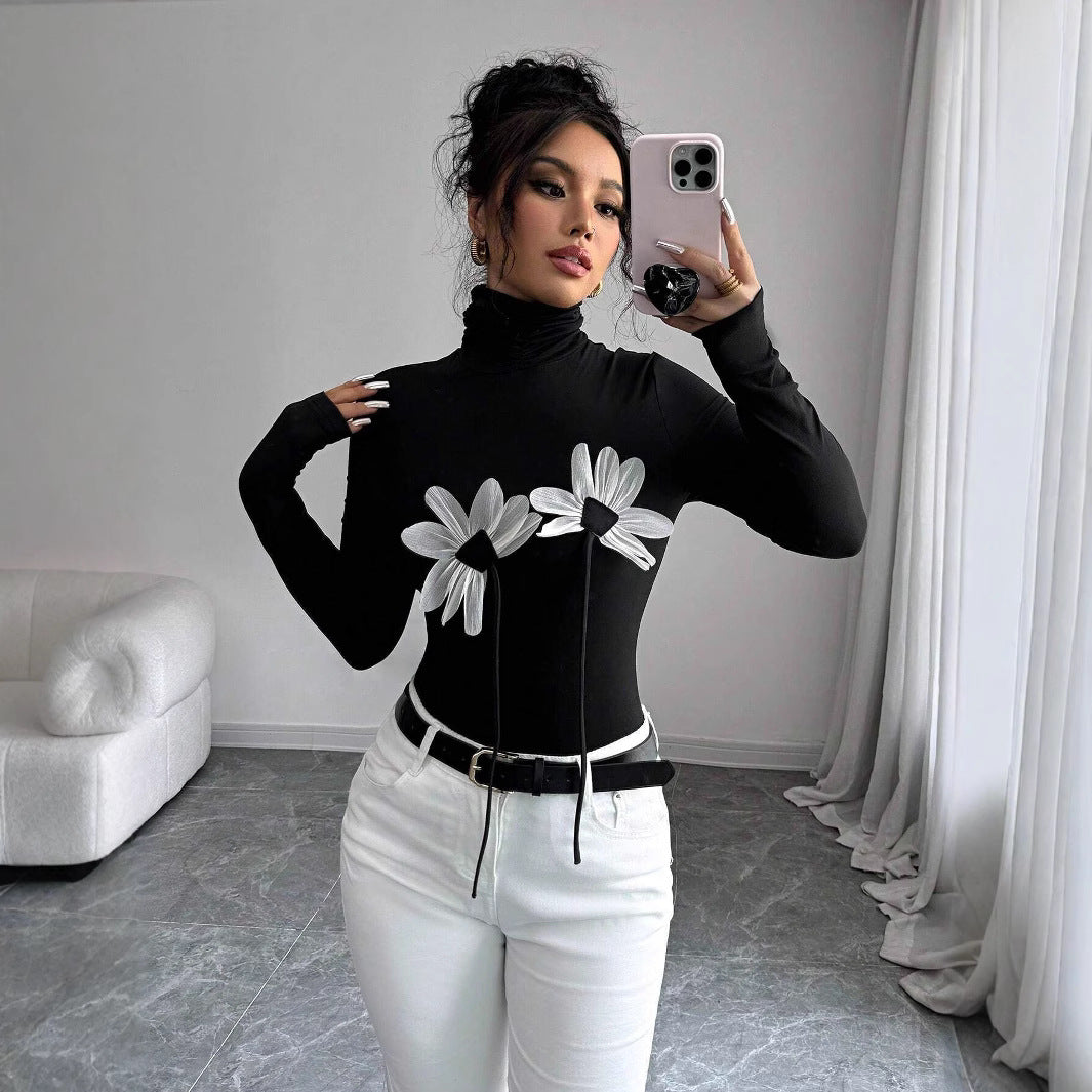 Women's Black Turtleneck Floral Applique Long Sleeved Fitted T-Shirt