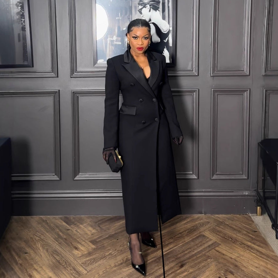 Elegant Collared Waist Tight Long Business Blazers Dress
