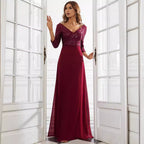 Women's Middle East Women Chiffon Double V Neck Dress A Line Large Hem Sequin Stitching Evening Dress