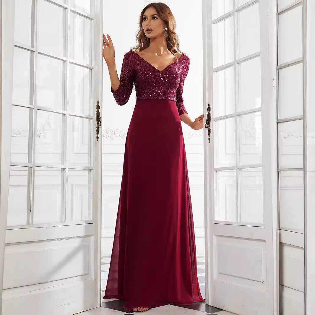 Women's Middle East Women Chiffon Double V Neck Dress A Line Large Hem Sequin Stitching Evening Dress