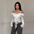 Women's Sexy T Shirt Off Shoulder Sexy Bandage Lace Long Sleeve Top