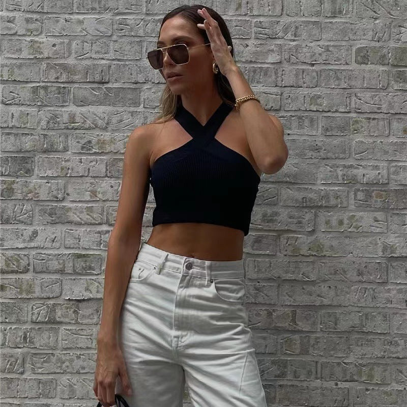 Women's Women Clothing Cross-Halterneck Knitted Short Outer Wear Sling Small Tank Top