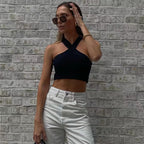 Women's Women Clothing Cross-Halterneck Knitted Short Outer Wear Sling Small Tank Top