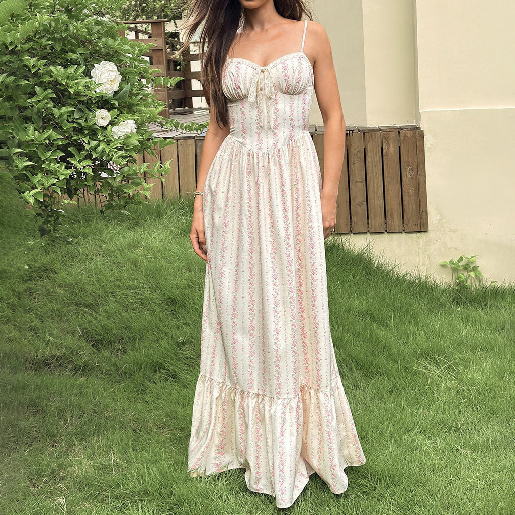 Four Sided Floral Strap Dress Backless Lace Patchwork Waist Maxi Dress