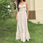 Four Sided Floral Strap Dress Backless Lace Patchwork Waist Maxi Dress