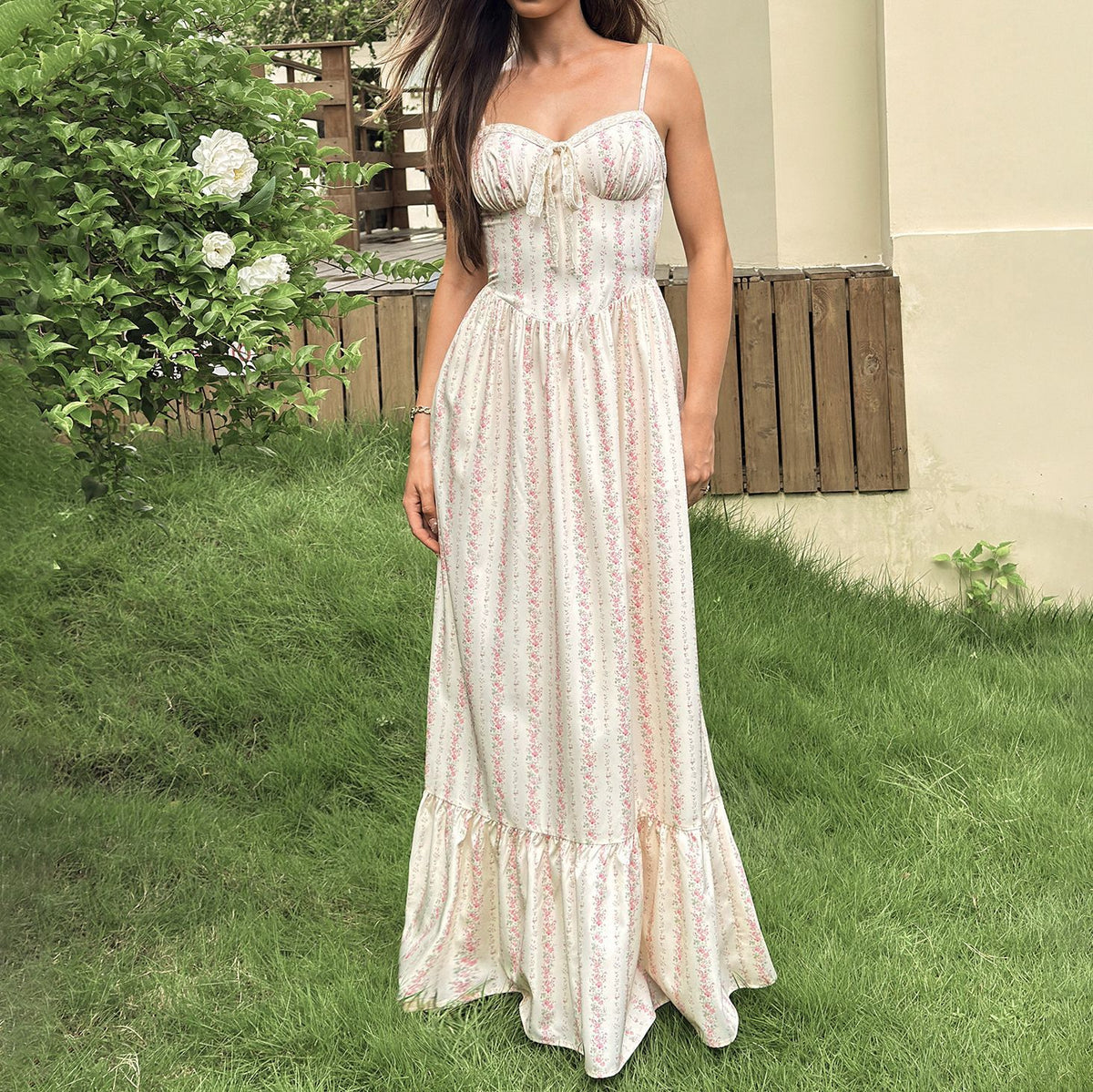 Four Sided Floral Strap Dress Backless Lace Patchwork Waist Maxi Dress