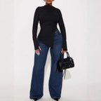 Women's Asymmetric Split Long Sleeve Turtleneck Top