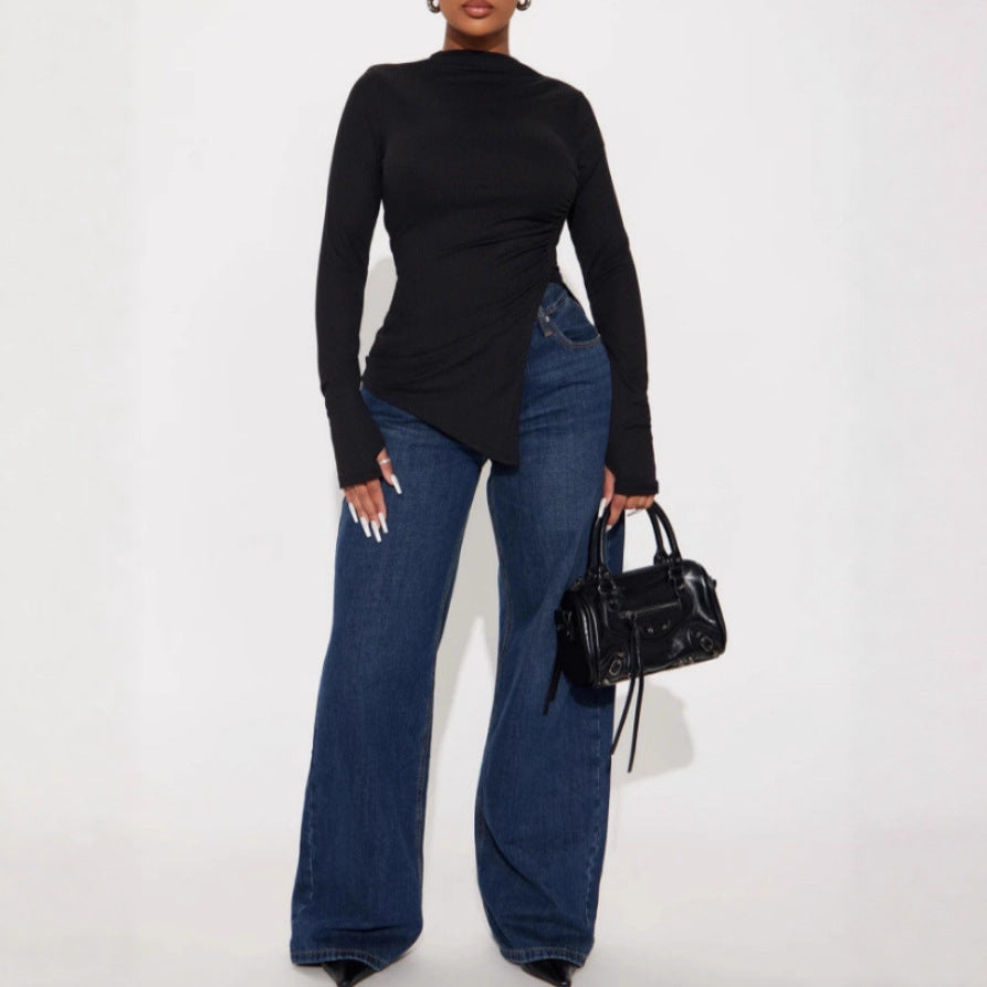 Women's Asymmetric Split Long Sleeve Turtleneck Top