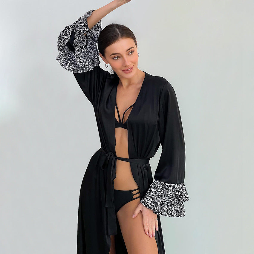 Autumn Black Satin Stitching Lace Nightgown Cardigan Long Sleeve Lace up Women Homewear
