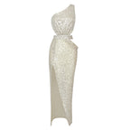 Summer Silver One-Shoulder Sequin Patchwork Slit Cropped Outfit Stretch Hip Formal