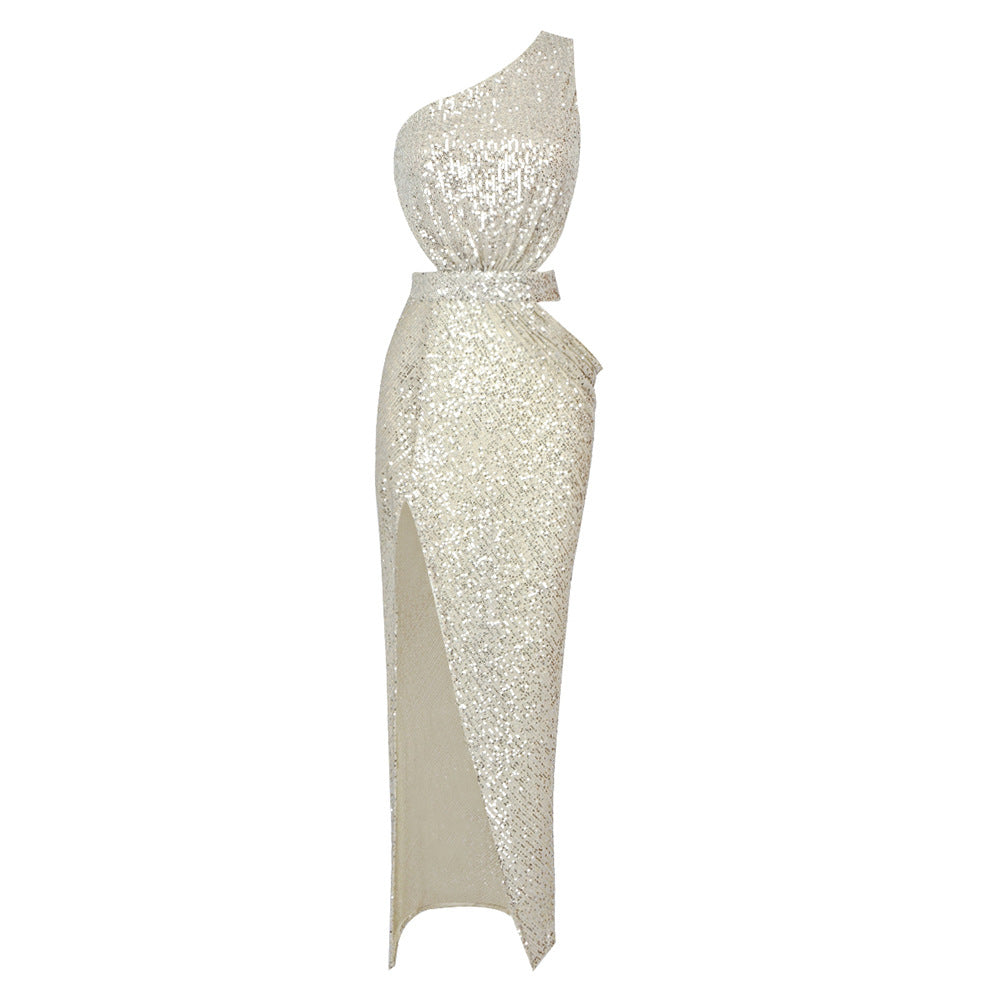 Summer Silver One-Shoulder Sequin Patchwork Slit Cropped Outfit Stretch Hip Formal