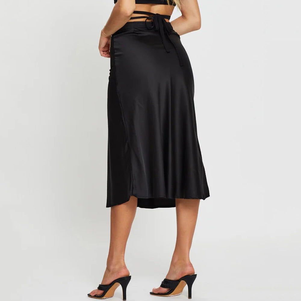 Spring Summer Solid Color Zipper Simple Lacing Skirt