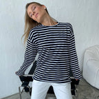 Women's Long Sleeved Striped T Shirt Spring Trendy Wild Casual Round Neck Cotton Striped T Shirt