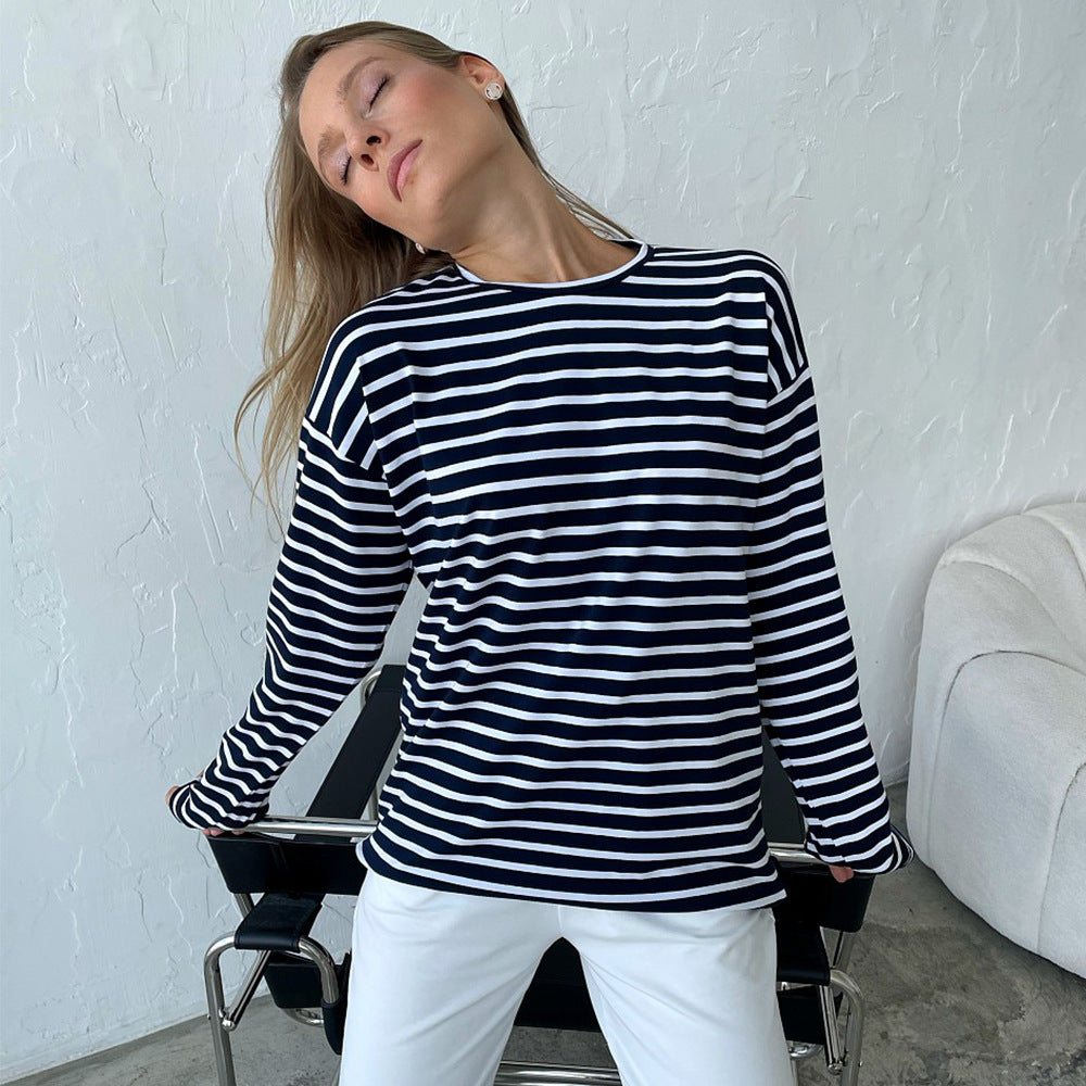 Women's Long Sleeved Striped T Shirt Spring Trendy Wild Casual Round Neck Cotton Striped T Shirt