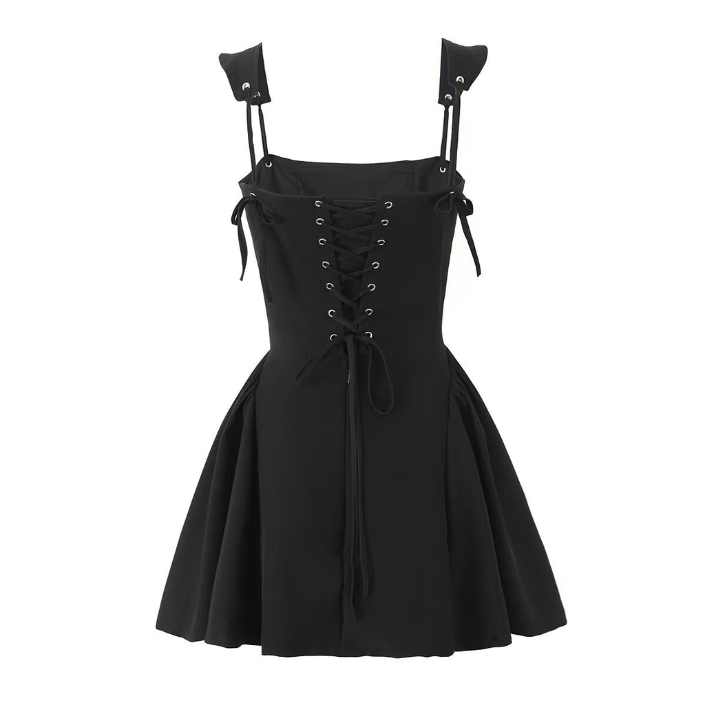 Flocking Polka-Dot Brace Pure Bandage Waist-Defined Puff Short Dress