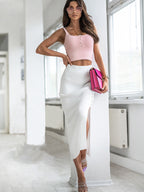 Summer Sunken Stripe Rib Split Button Skirt