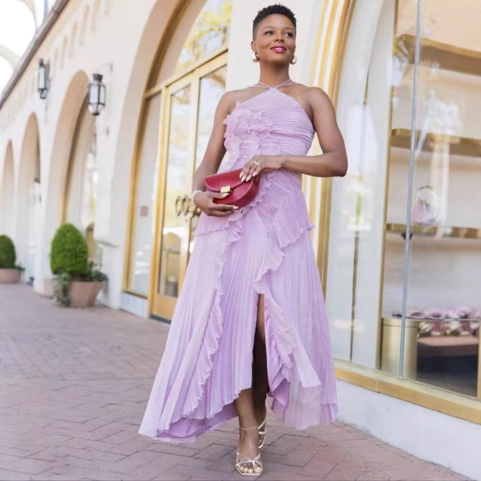 Women's Chiffon Halter Ruffled Backless Slit Maxi Dress