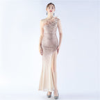 Women's Gradient Sequin Beaded Ostrich Feather Diagonal-Collar One-Shoulder Dress