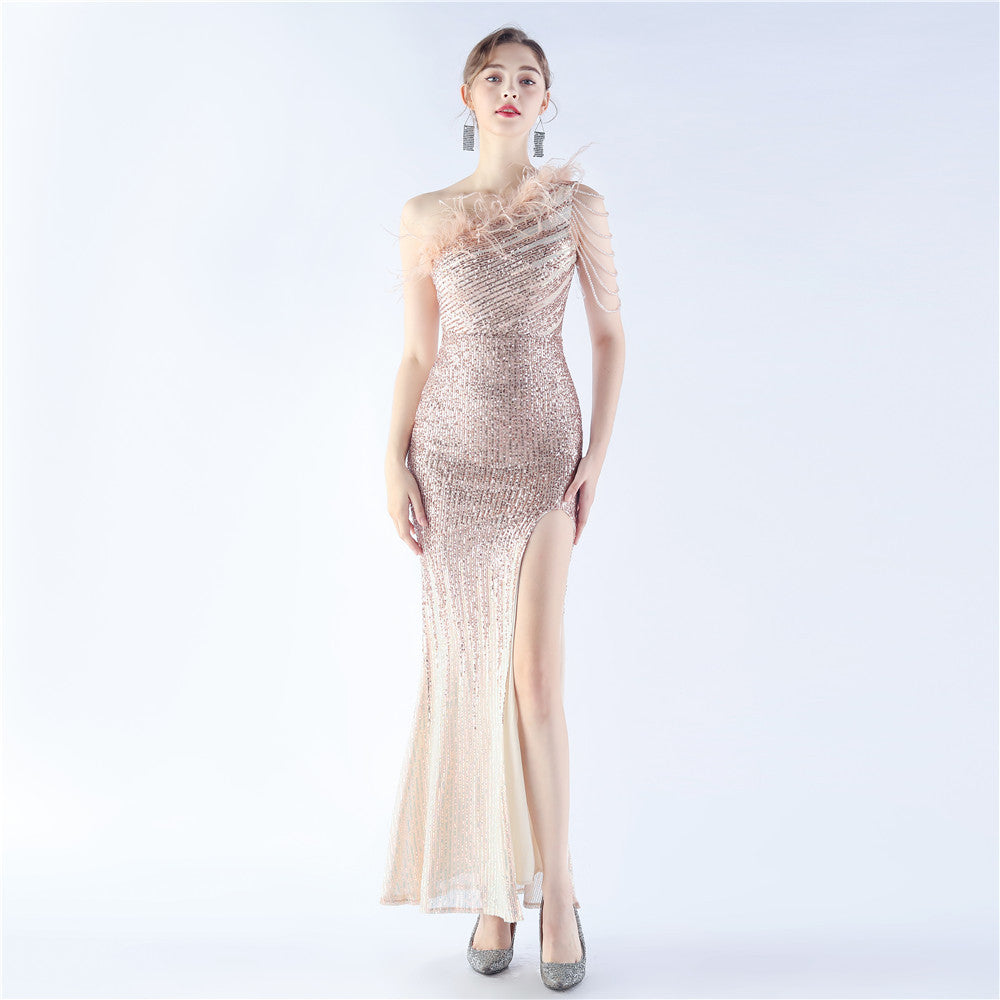Women's Gradient Sequin Beaded Ostrich Feather Diagonal-Collar One-Shoulder Dress