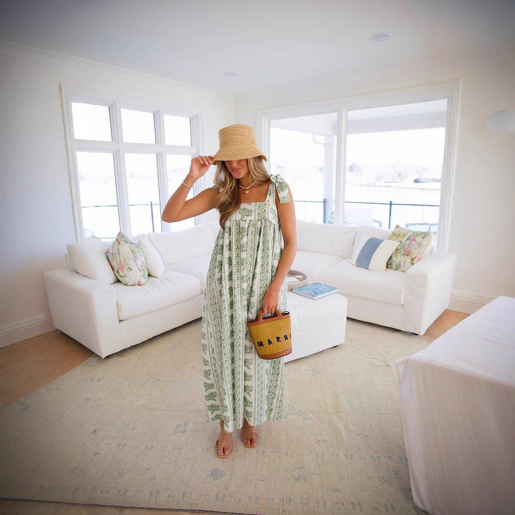 Elastic Spaghetti-Strap Floral-Print Maxi Dress Office