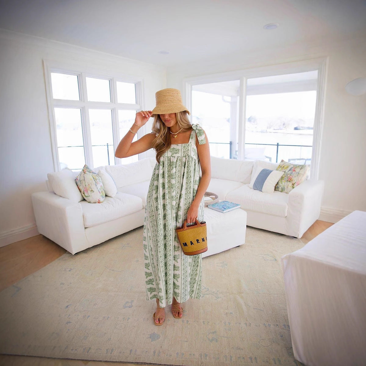 Elastic Spaghetti-Strap Floral-Print Maxi Dress Office