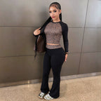 Leopard Print Raglan Long Sleeve Cropped Outfit Short Top High Set