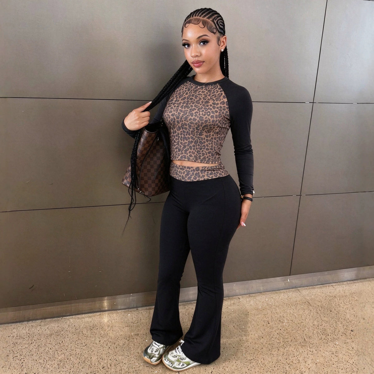 Leopard Print Raglan Long Sleeve Cropped Outfit Short Top High Set