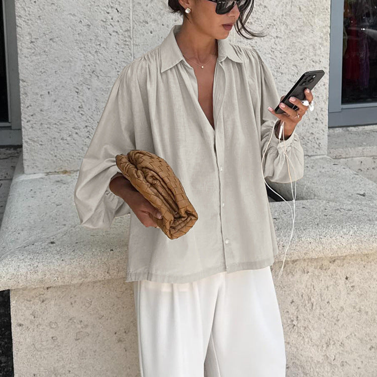 Simple Loose Fitting Shirt Polo Collar Long