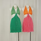 Women's Summer Sexy V Neck Backless Pleated Dress Women Halter Lace Up Cutout Short Dress