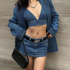 Women's Denim High-Waisted Backless Top and Skirt Two-Piece Set