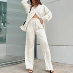 Women's Leopard Jacquard Spring Autumn Long Sleeve Shirt Elastic Waist