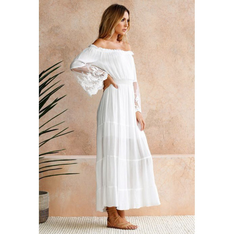 Off-Shoulder Lace Patchwork Maxi Dress