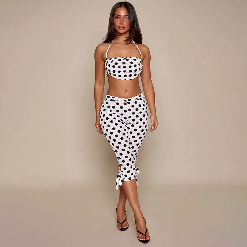 Women Clothing Summer Polka Dot Print SL Halter Tied Top