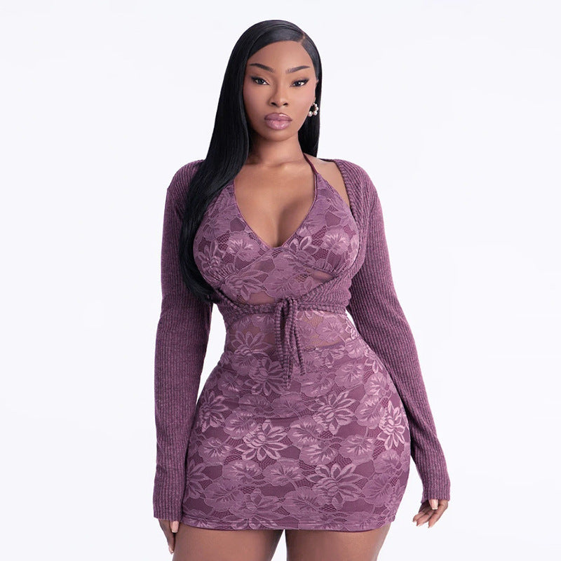Women's Autumn Winter Solid Color Long Sleeved Top Lace Halter