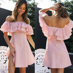 Plaid Off-Shoulder Ruffled Dress