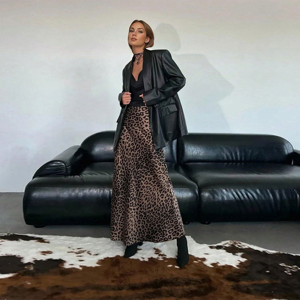 Women's Leopard-Print High-Waist Midi A-Line Skirt