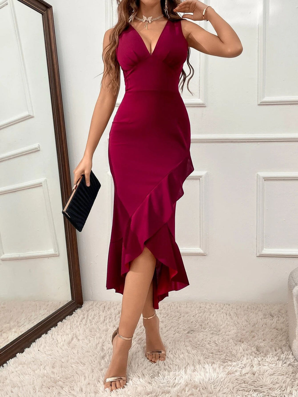 Sheath Swallowtail Dress V-neck Slit Ruffled