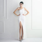 Women's Sequin One-Shoulder Cold Cocktail Split Long Sequin Atmosphere Queen Dress