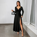 Women's Retro Deep V Plunge Neck Long Sleeve Split Black Large Swing Dress Women Slim Waist Elegant Formal Dress