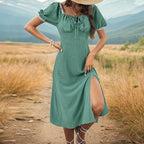 Lace Patchwork Dress Summer Women Square Collar Split Jacquard Dress