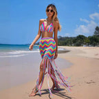 Chevron wave swim cover-up set with sleeveless halter top and fringed maxi skirt