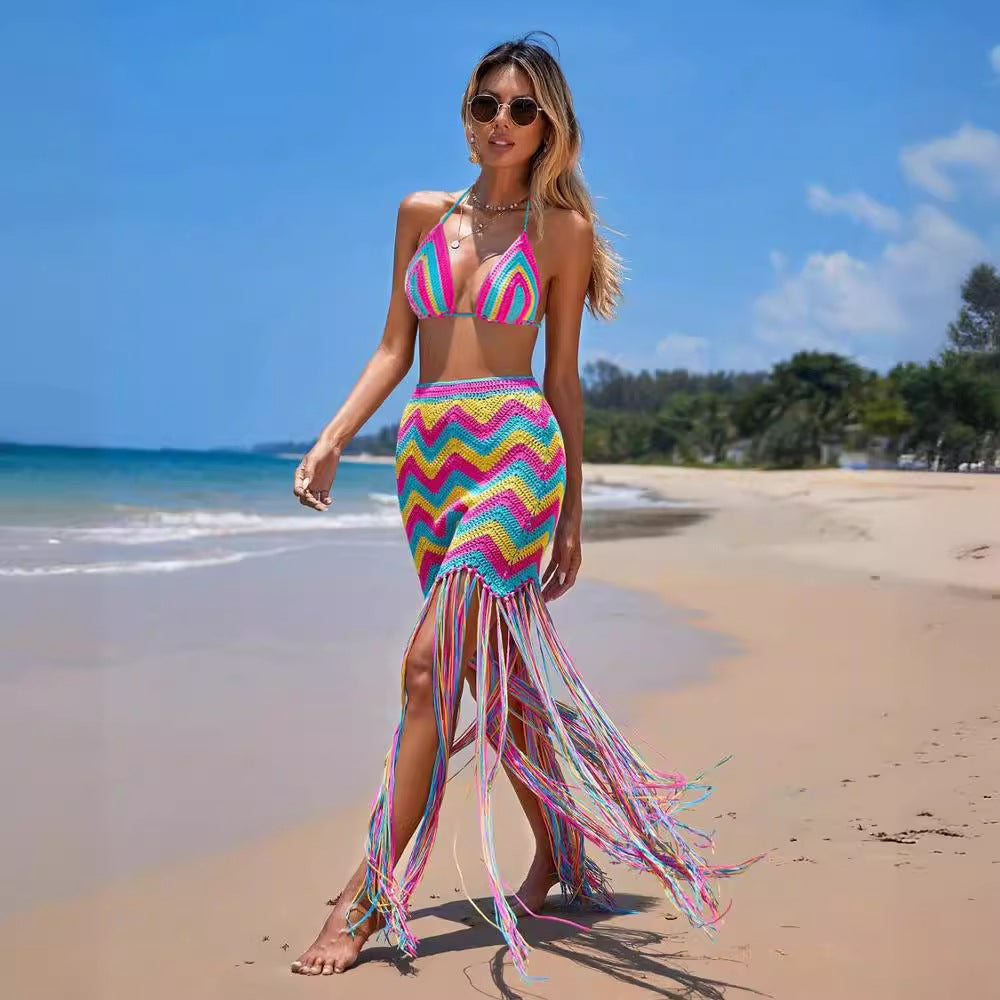 Chevron wave swim cover-up set with sleeveless halter top and fringed maxi skirt