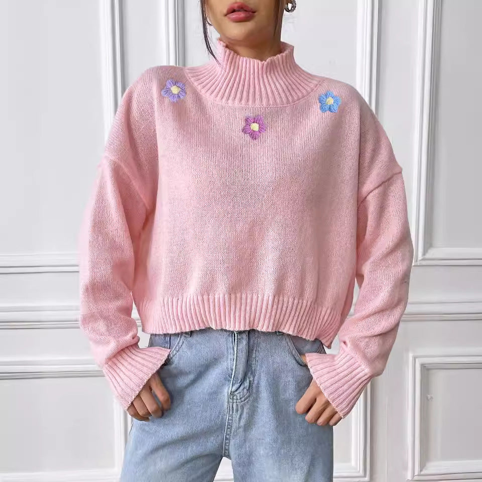 Women Short Top Clothing Hand Crocheted Floral Collage Turtleneck Pullover Loose Casual Bottoming