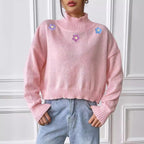 Women Short Top Clothing Hand Crocheted Floral Collage Turtleneck Pullover Loose Casual Bottoming