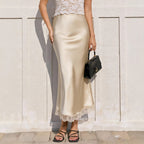 Lace Satin High Waist Elastic A Line Midi Elegant Skirt