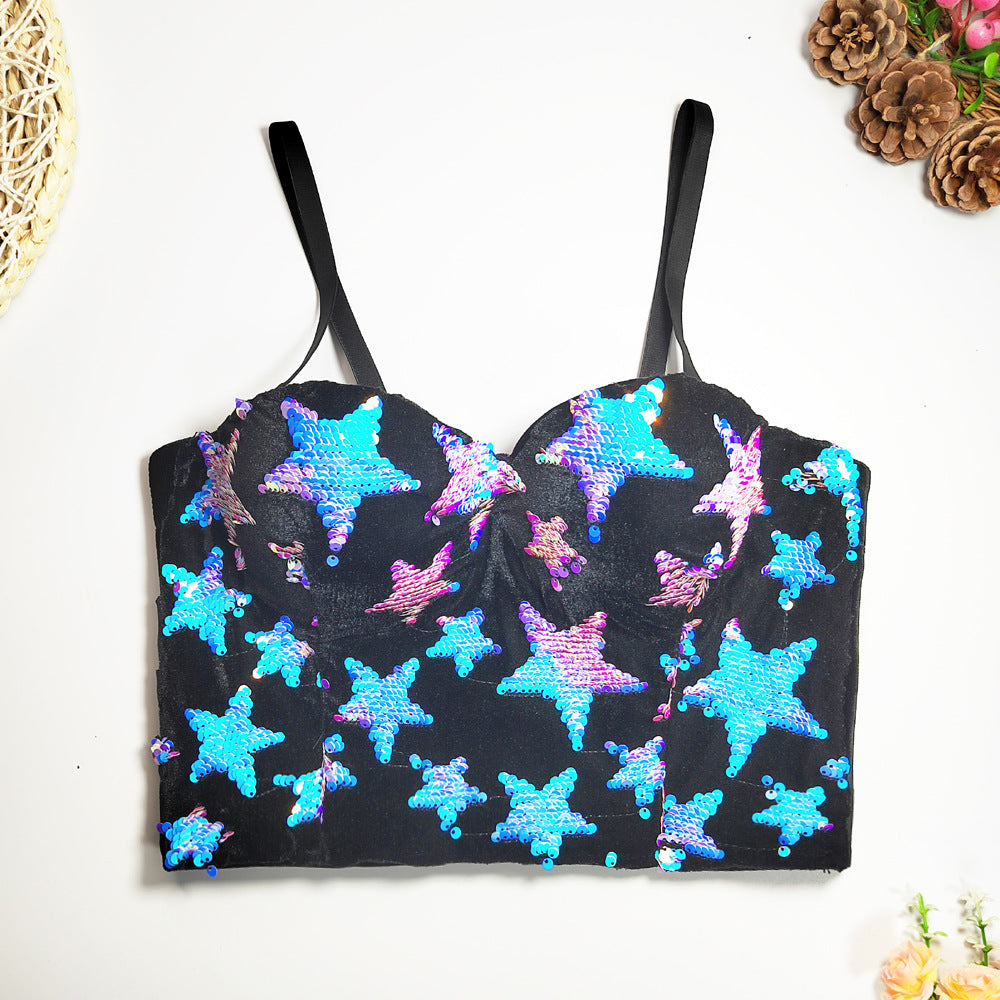 Women’s Embroidered Sequin Spaghetti Strap Crop Top