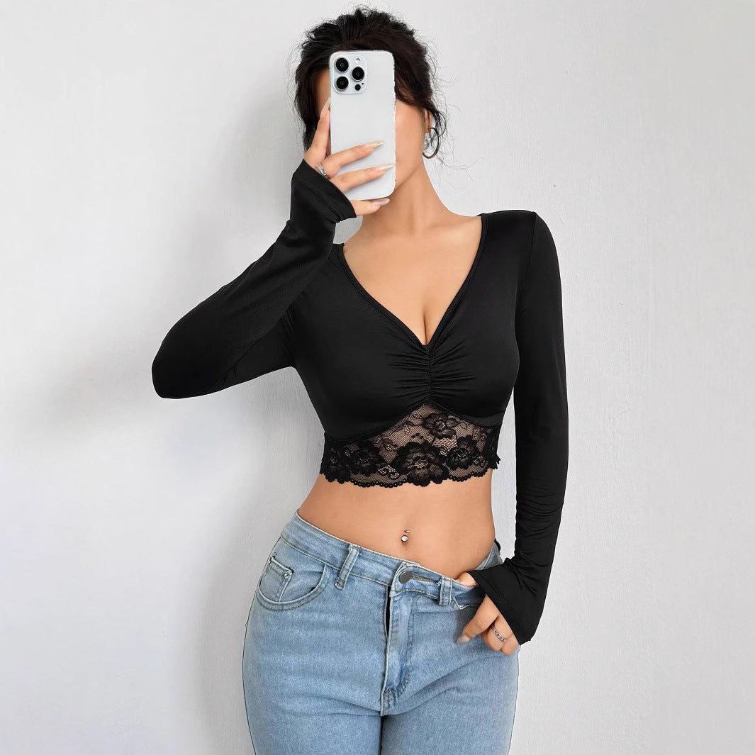 Women’s Black Lace Patchwork Deep V Crop Top