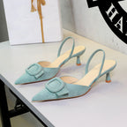 Women's Fashionable Hollow Out Cutout Stiletto Heel Suede Pointed Belt Buckle Shallow Mouth Back Strap Sandals Women