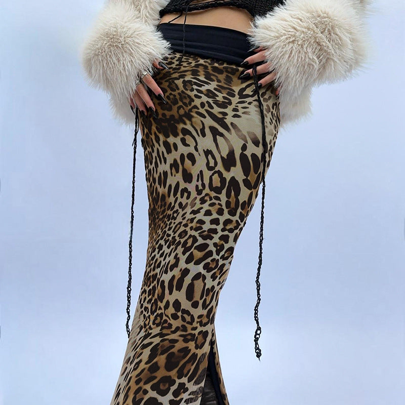 Streetwear Reverse Cuffed Waist Sheath Leopard Skirt
